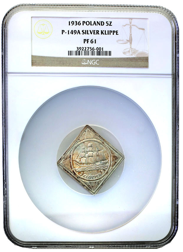 ll RP. PRÓBA srebro klipa 5 złotych 1936 Żaglowiec NGC PF61 - stempel LUSTRZANY